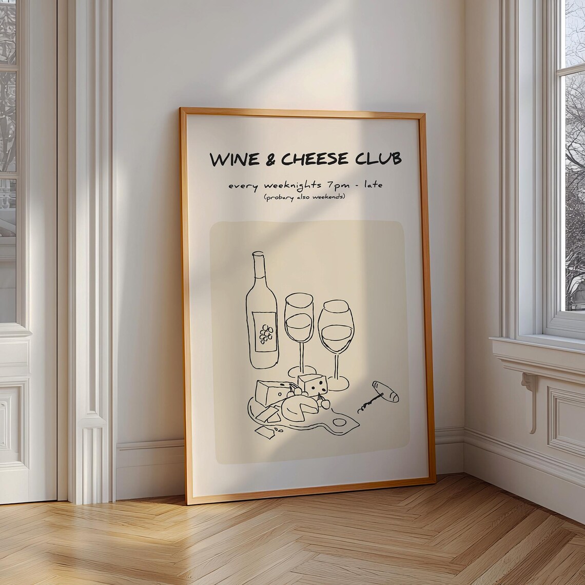 Wine And Cheese Club Minimal Line Art Nightly Toast Bar Wall Poster
