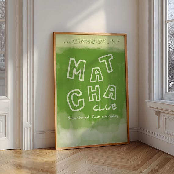 Matcha Club Poster Matcha Illustration Hand Drawn Wall Art Coffee Bar Decor Green Tea Art Cute Kitchen Decor Matcha Lover Gift Print