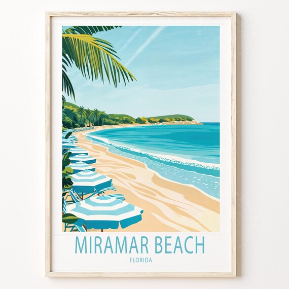 Miramar Beach Florida Turquoise Sea Umbrellas Palms Coastal Travel Poster