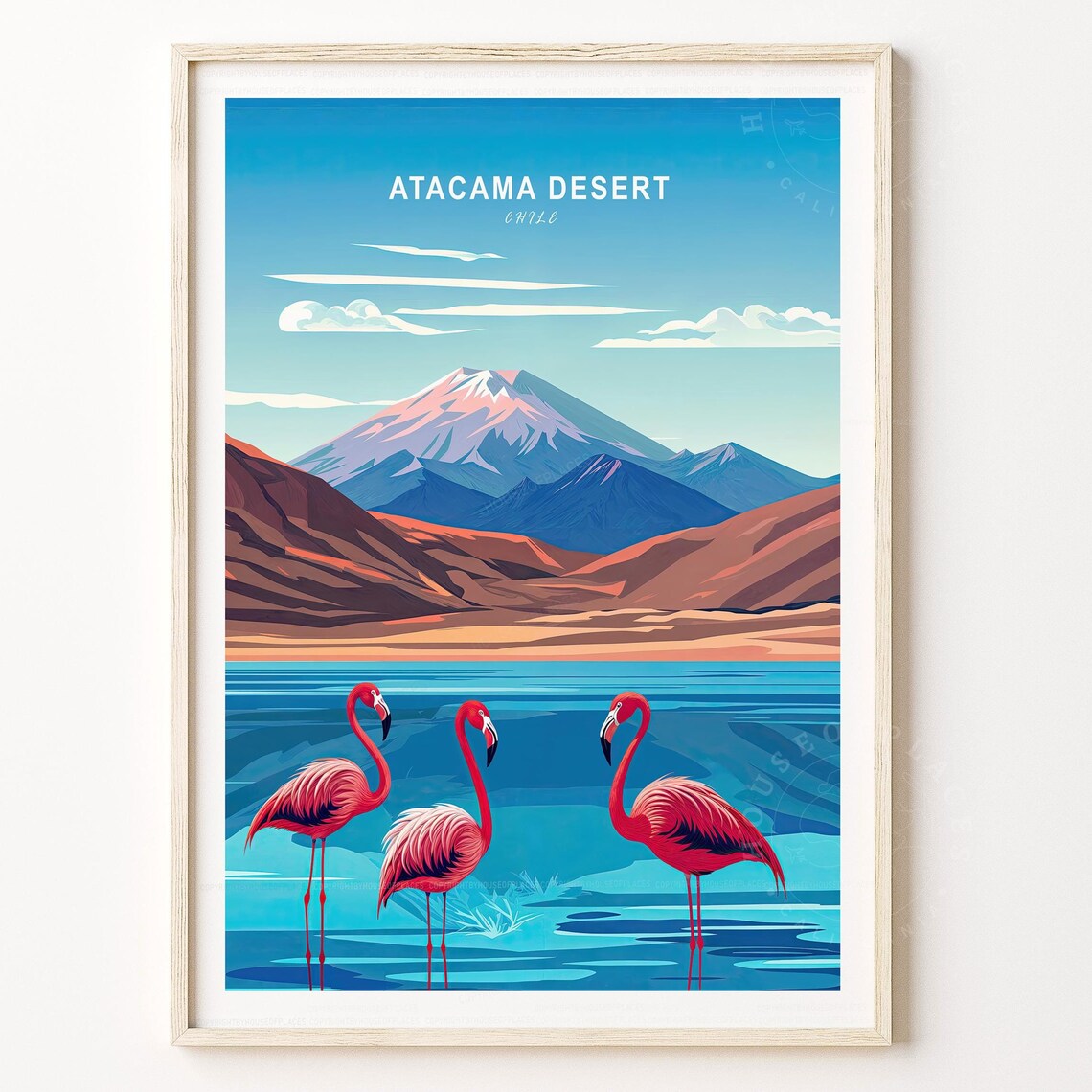 Atacama Desert Chile Flamingos Snowcapped Volcano Lake Travel Poster