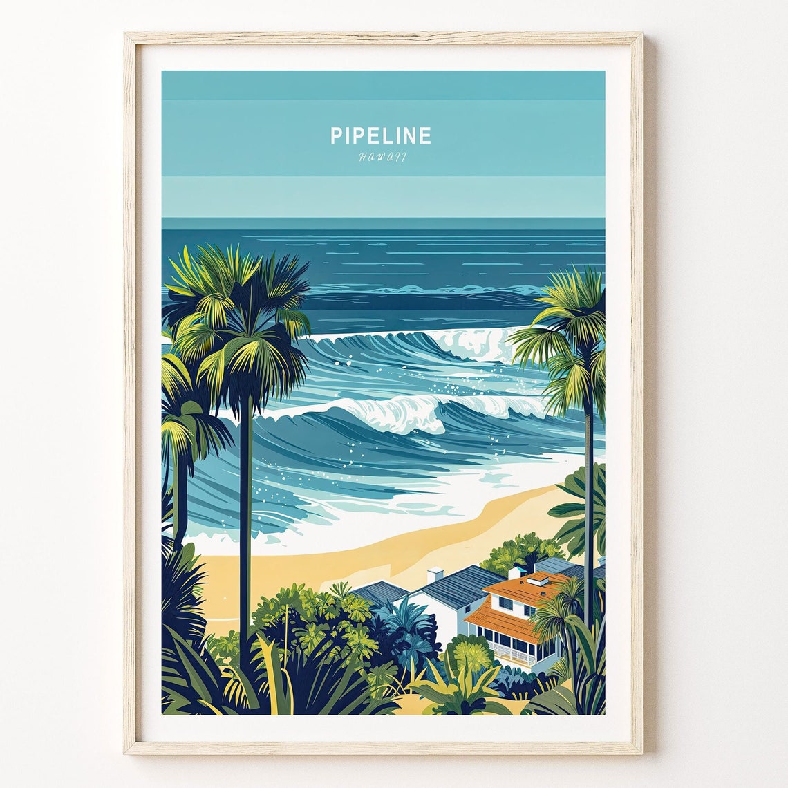 Pipeline Hawaii Turquoise Waves Sandy Beach Palm Tree Scene Poster