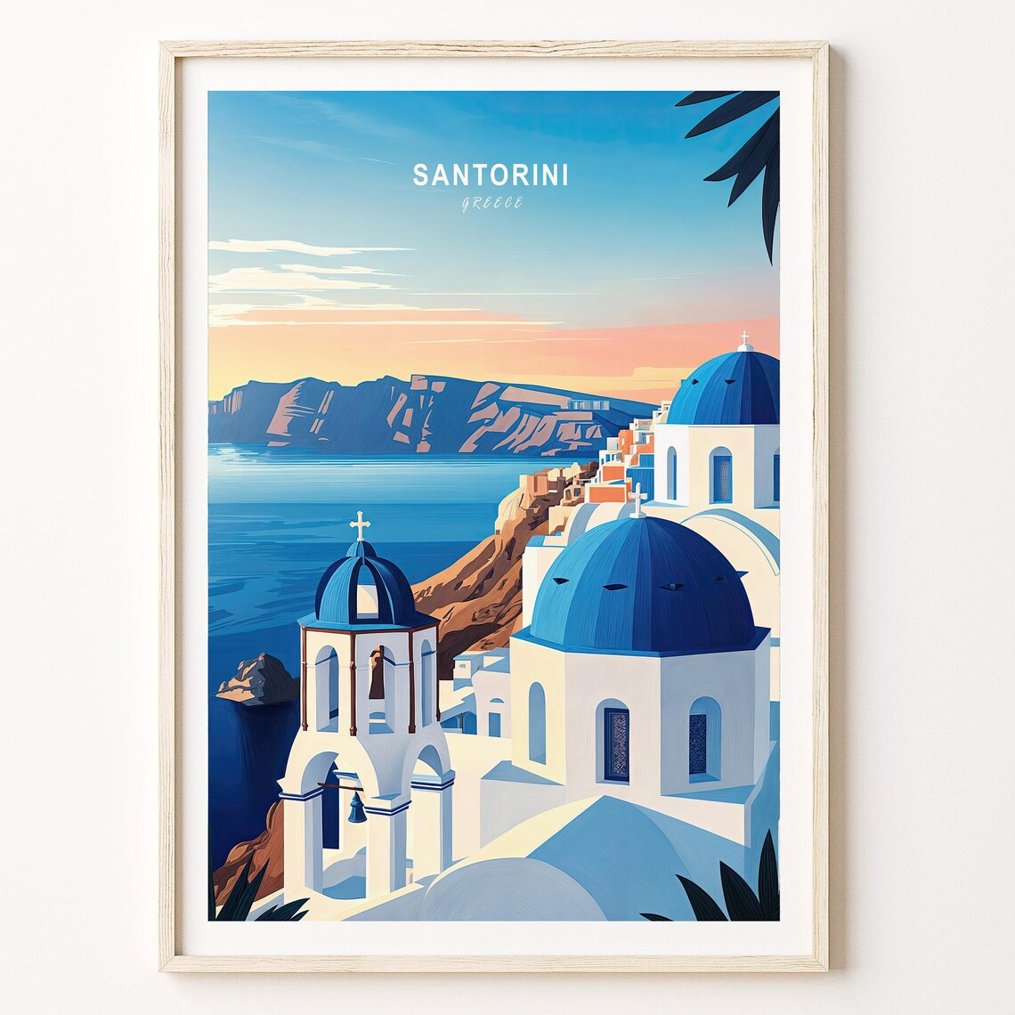 Santorini Greece Blue Domes Caldera Sunset Retro Travel Poster