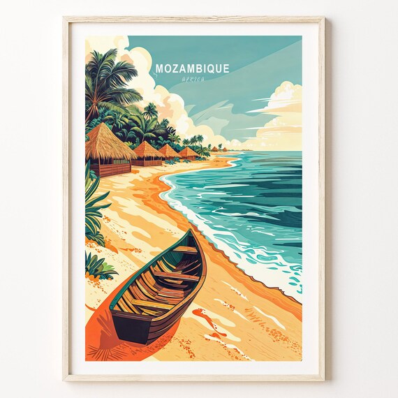 Mozambique Africa Palm Beach Wooden Boat Coastal Travel Poster
