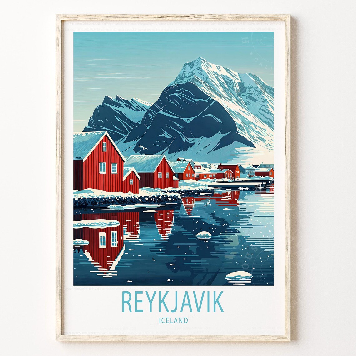 Reykjavik Iceland Snowy Mountain Red Cabins Winter Travel Poster