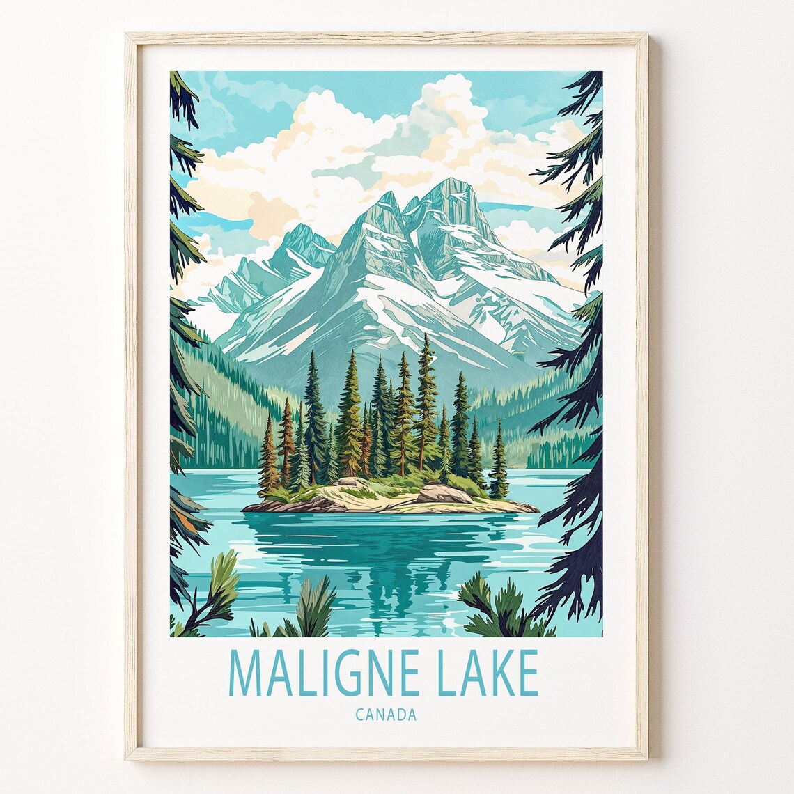 Maligne Lake Travel Poster, Canada Landscape Print