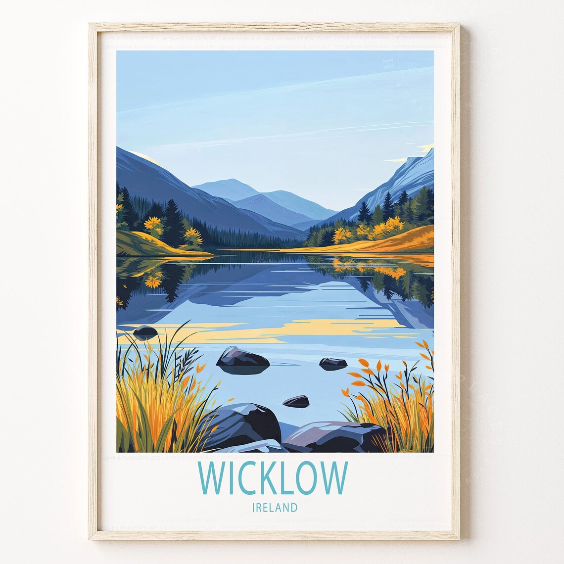 Wicklow Ireland Mountain Lake Golden Autumn Reflection Travel Poster