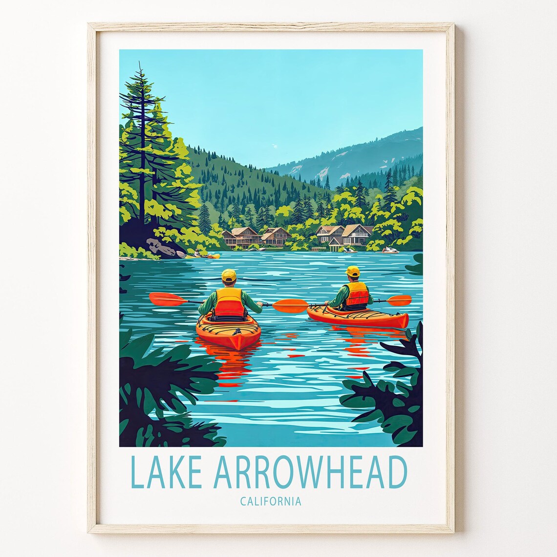 Lake Arrowhead California Kayak Lake Mountain Cabin Scene Poster