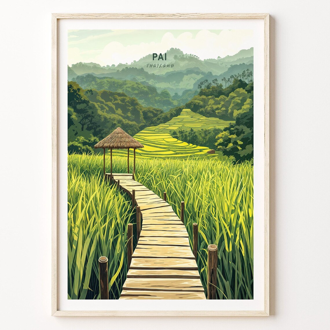 Pai Thailand Emerald Rice Paddies Boardwalk Mountain View Poster