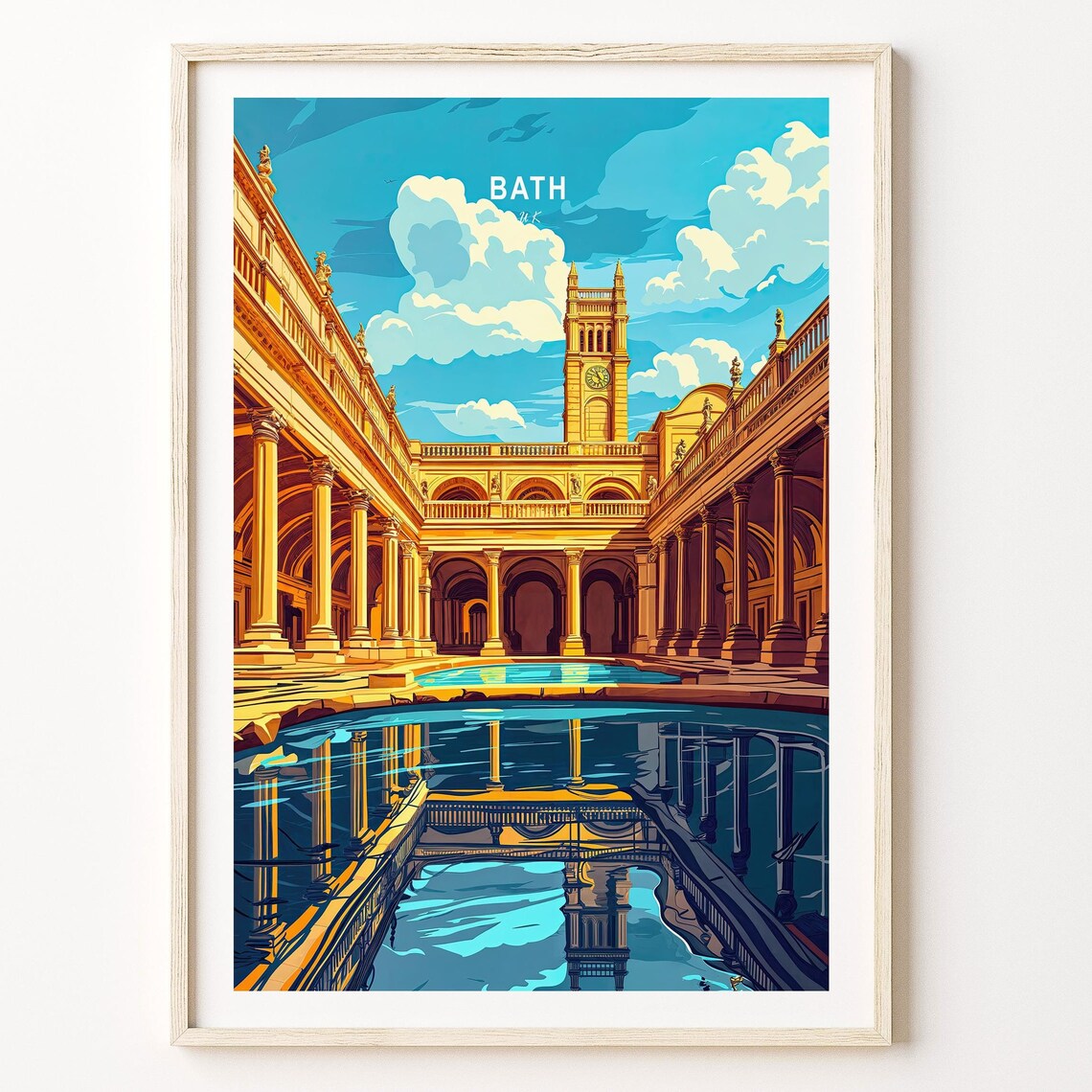 Bath UK Roman Baths Colonnade Steaming Waters Historic Travel Poster