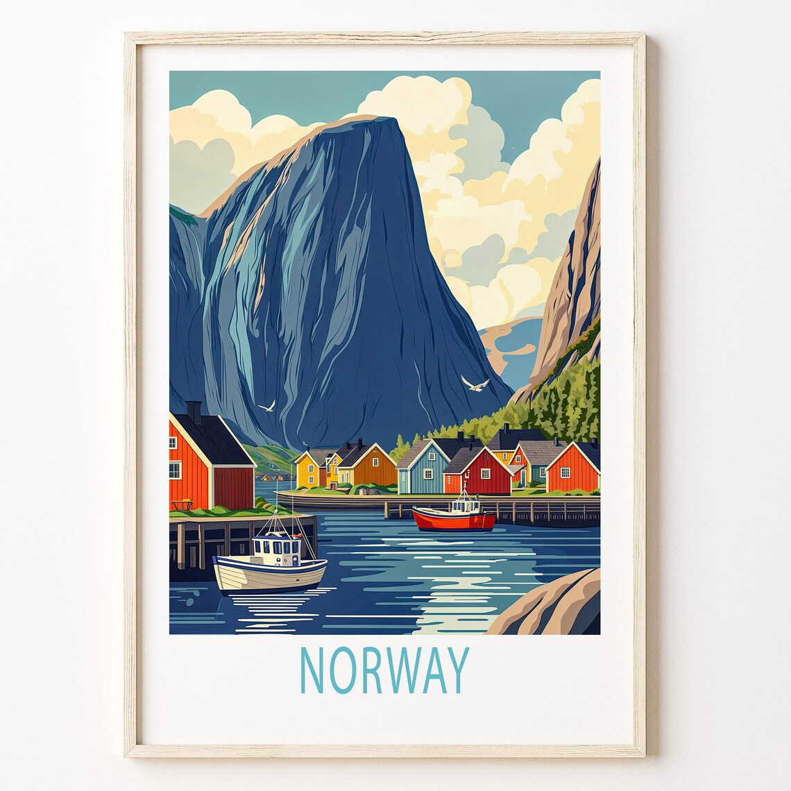 Norway Scandinavia Fjord Harbor Boats Cliff Village View Poster