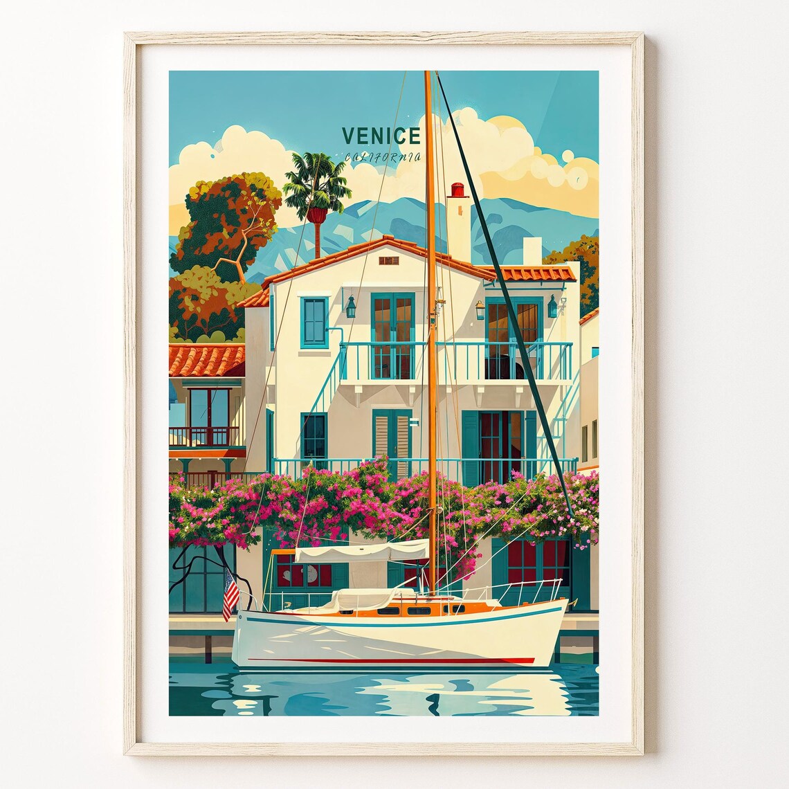 Venice California Canal Villa Sailboat Bougainvillea Scene Poster
