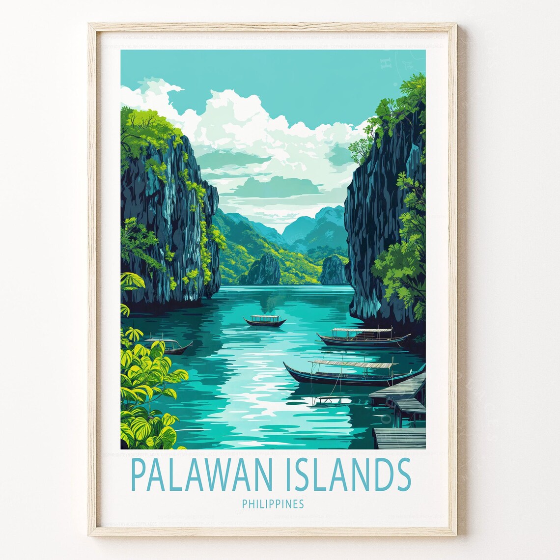Palawan Islands Philippines Lagoon Boats Tropical Travel Art Poster