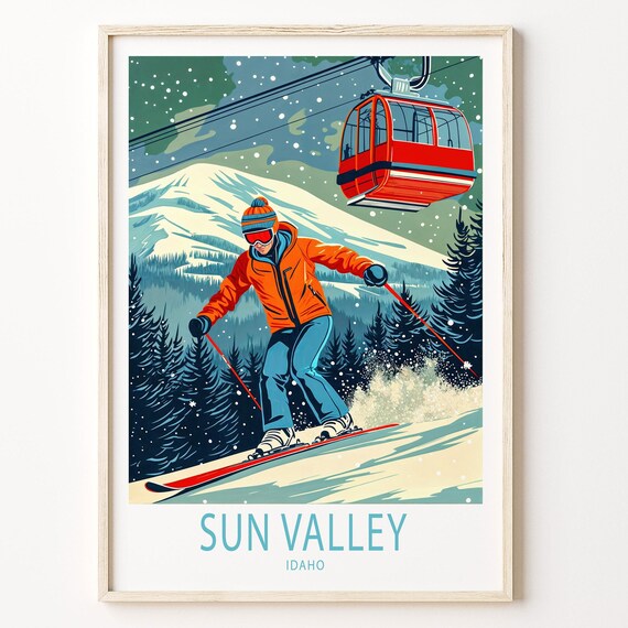 Sun Valley Idaho Teal Vintage Skier Gondola Resort Travel Poster