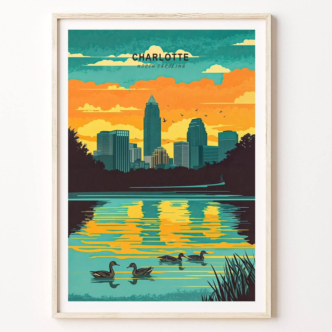 Charlotte North Carolina Downtown Sunset Lake Ducks Art Poster