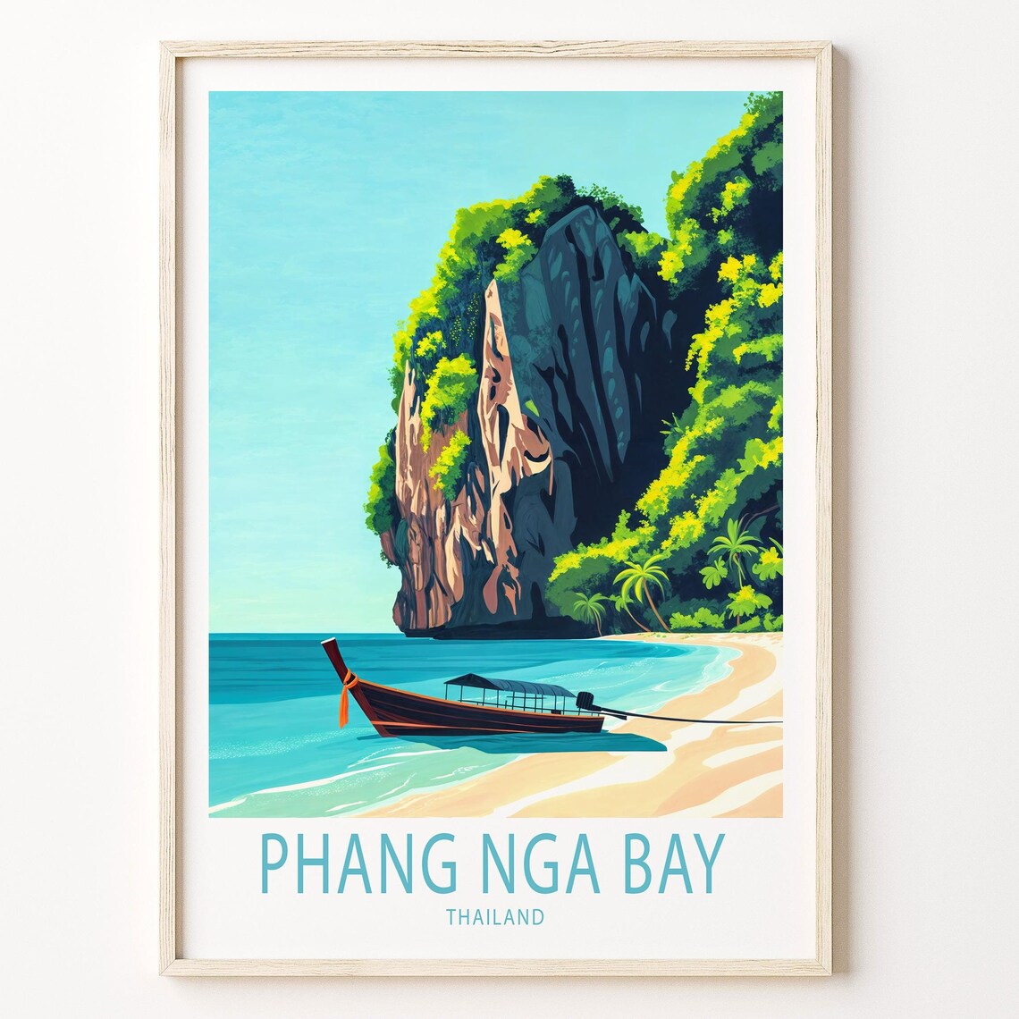 Phang Nga Bay Thailand Limestone Cliff Longtail Boat Beach Poster