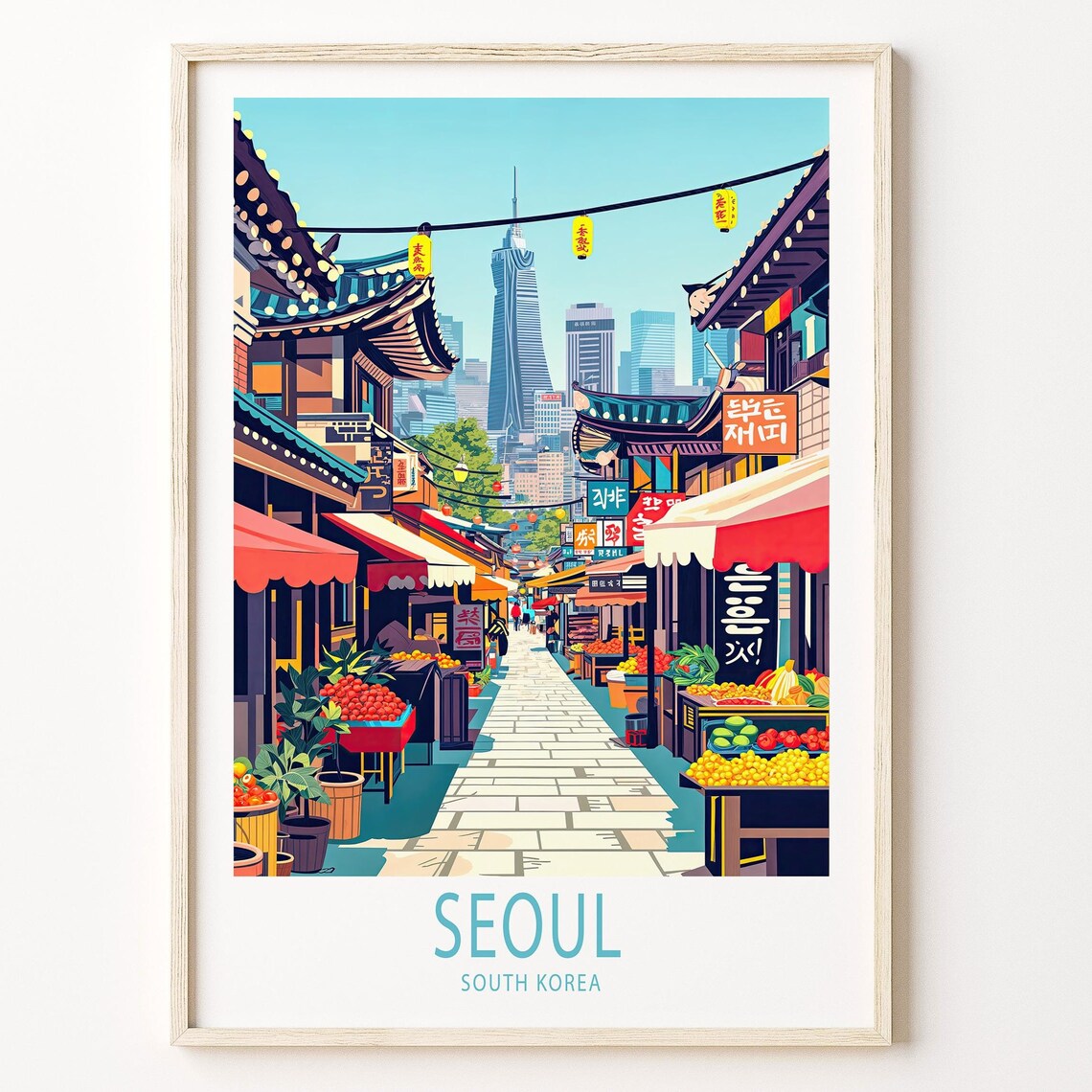 Seoul South Korea Vibrant Market Street Hanok Rooftops Poster - Image 3