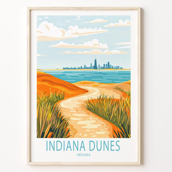 Indiana Dunes Indiana Dune Path and Chicago Skyline Over Lake Michigan Poster