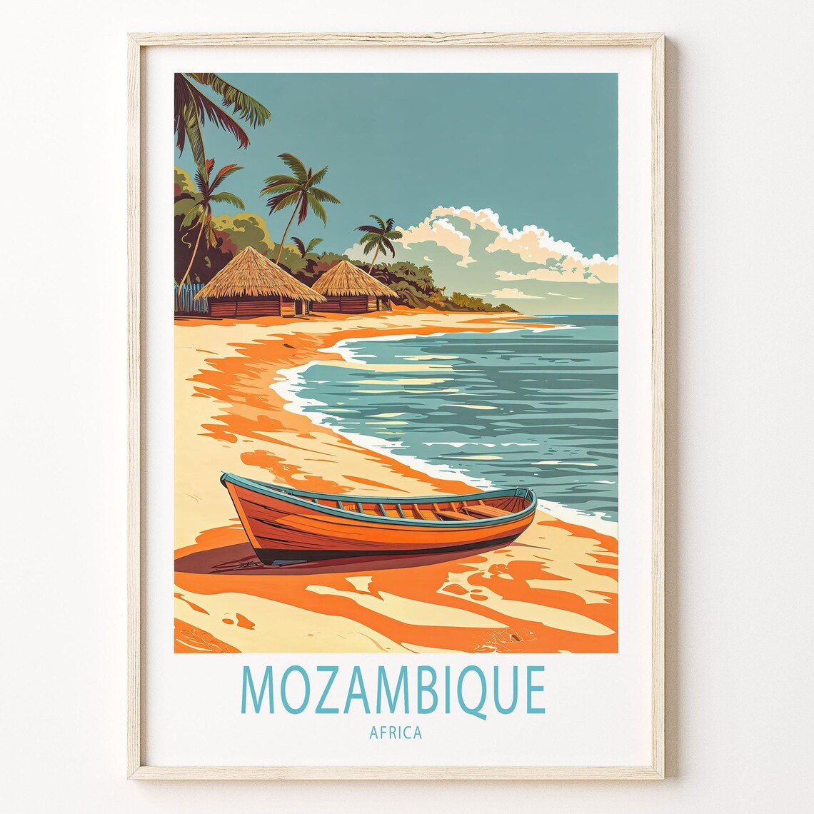 Mozambique Africa Vintage Travel Poster Wooden Canoe Beach Huts