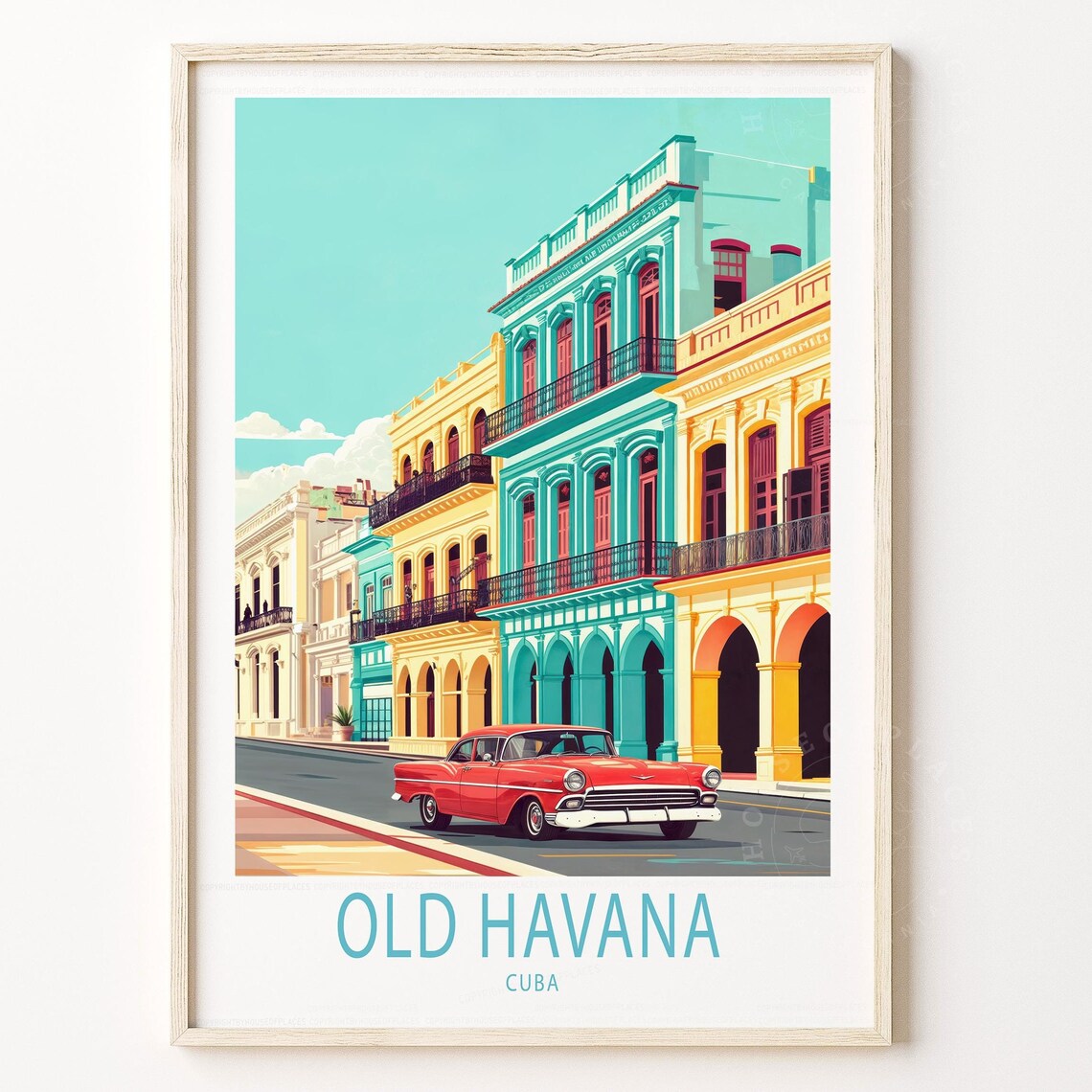 Old Havana Cuba Classic Red Car Colonial Street Travel Art Poster