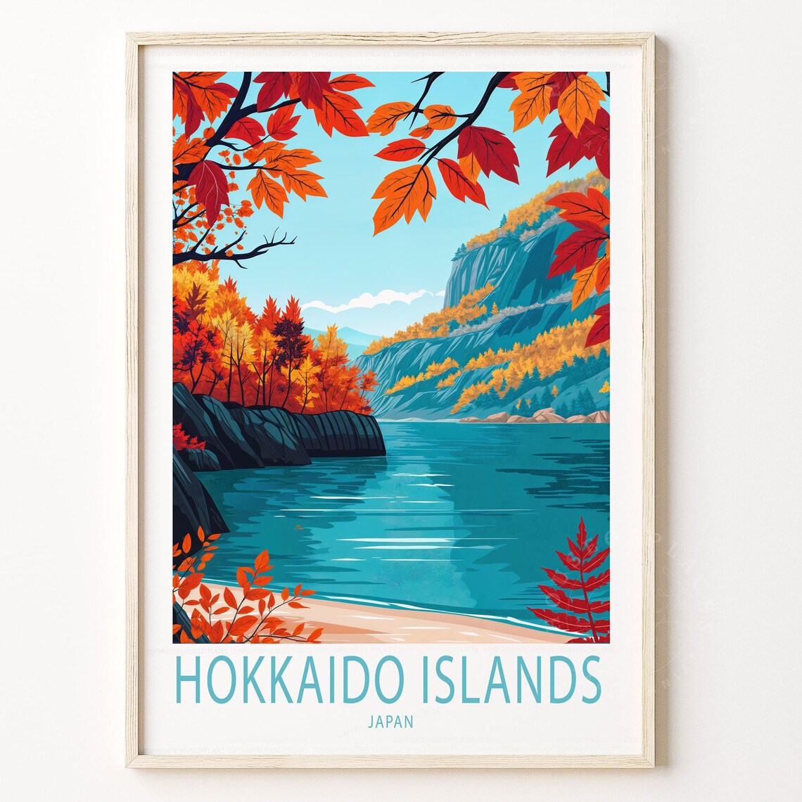 Hokkaido Islands Japan Autumn Red Maple Leaves Lake Travel Poster