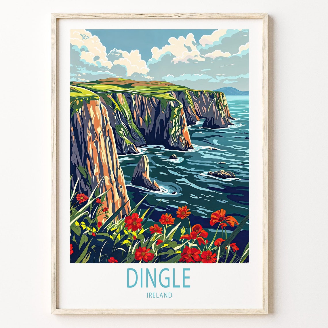Dingle Ireland Travel Poster Dramatic Sea Cliffs Wildflowers