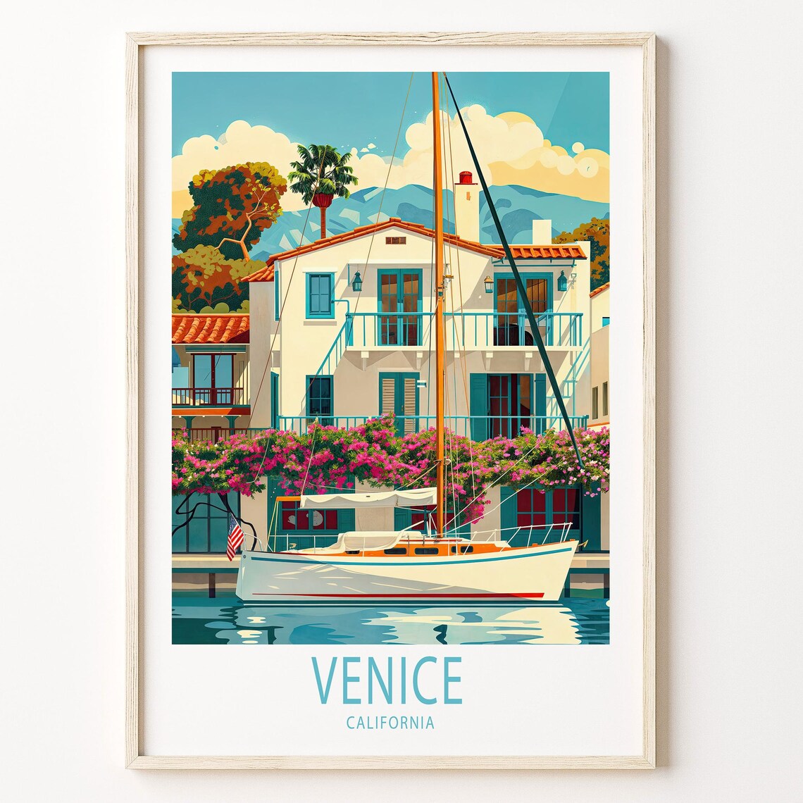 Venice California Waterfront Villa Sailboat Bloom Filled View Poster