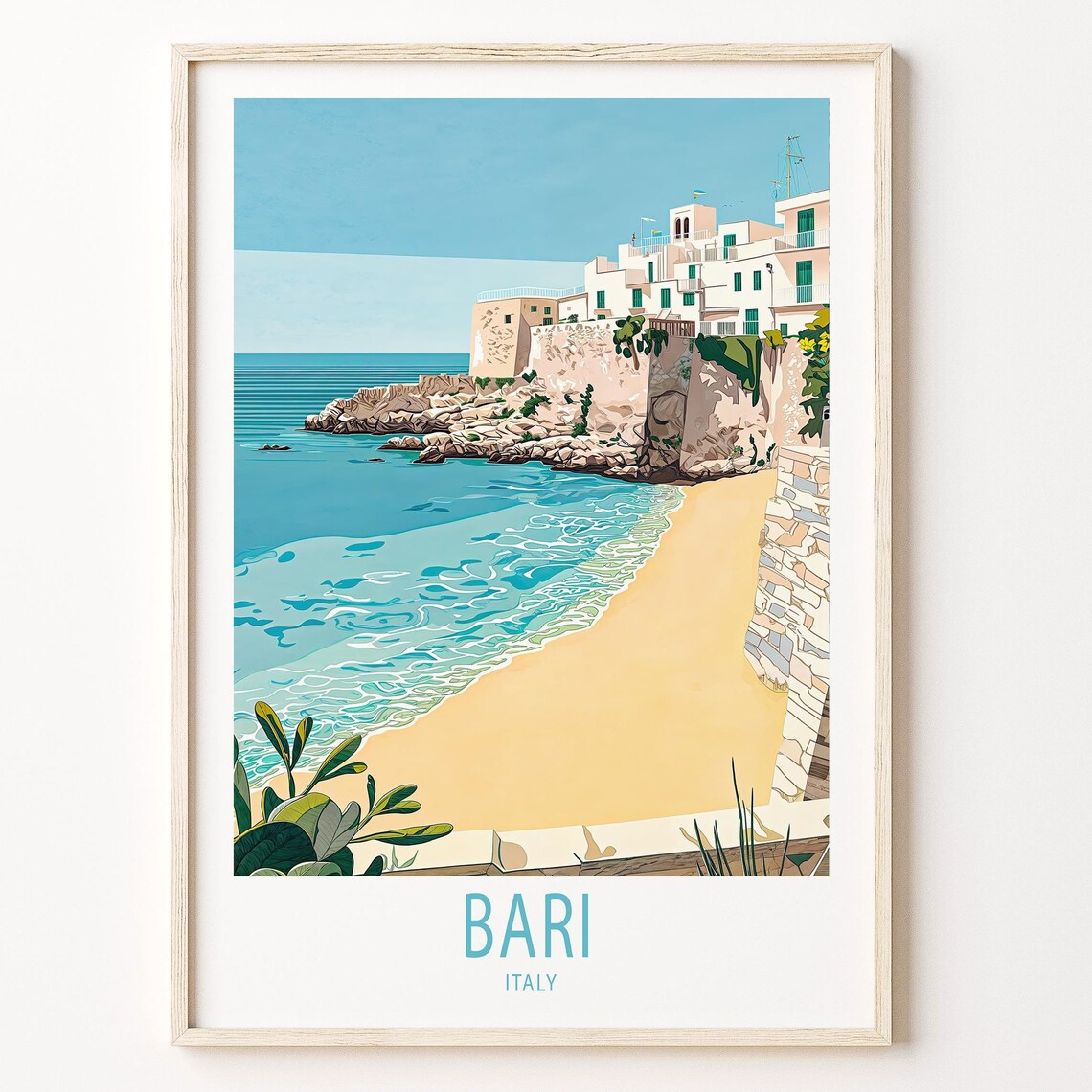Bari Italy Puglia Coastal Town Turquoise Sea Beach Travel Poster