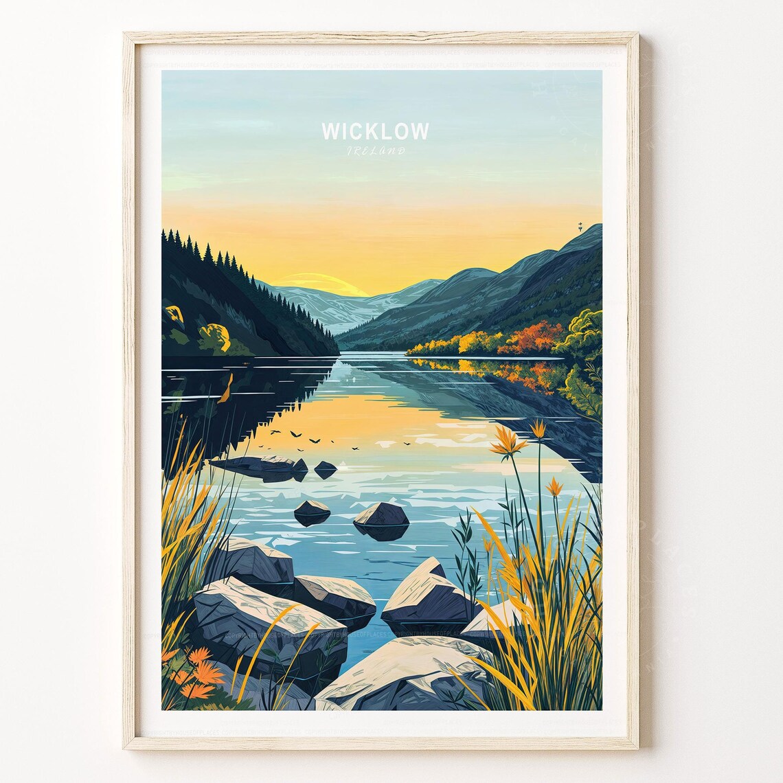 Wicklow Ireland Sunset Lake Golden Evening Sky Travel Poster