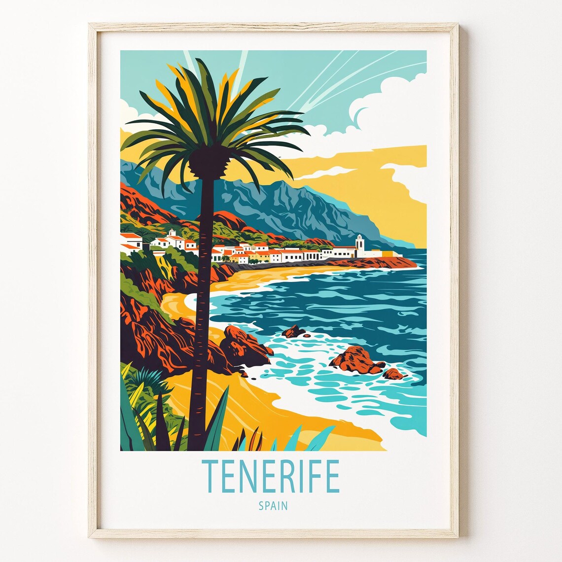 Tenerife Spain Palm Beach Rocky Volcanic Coast Travel Poster