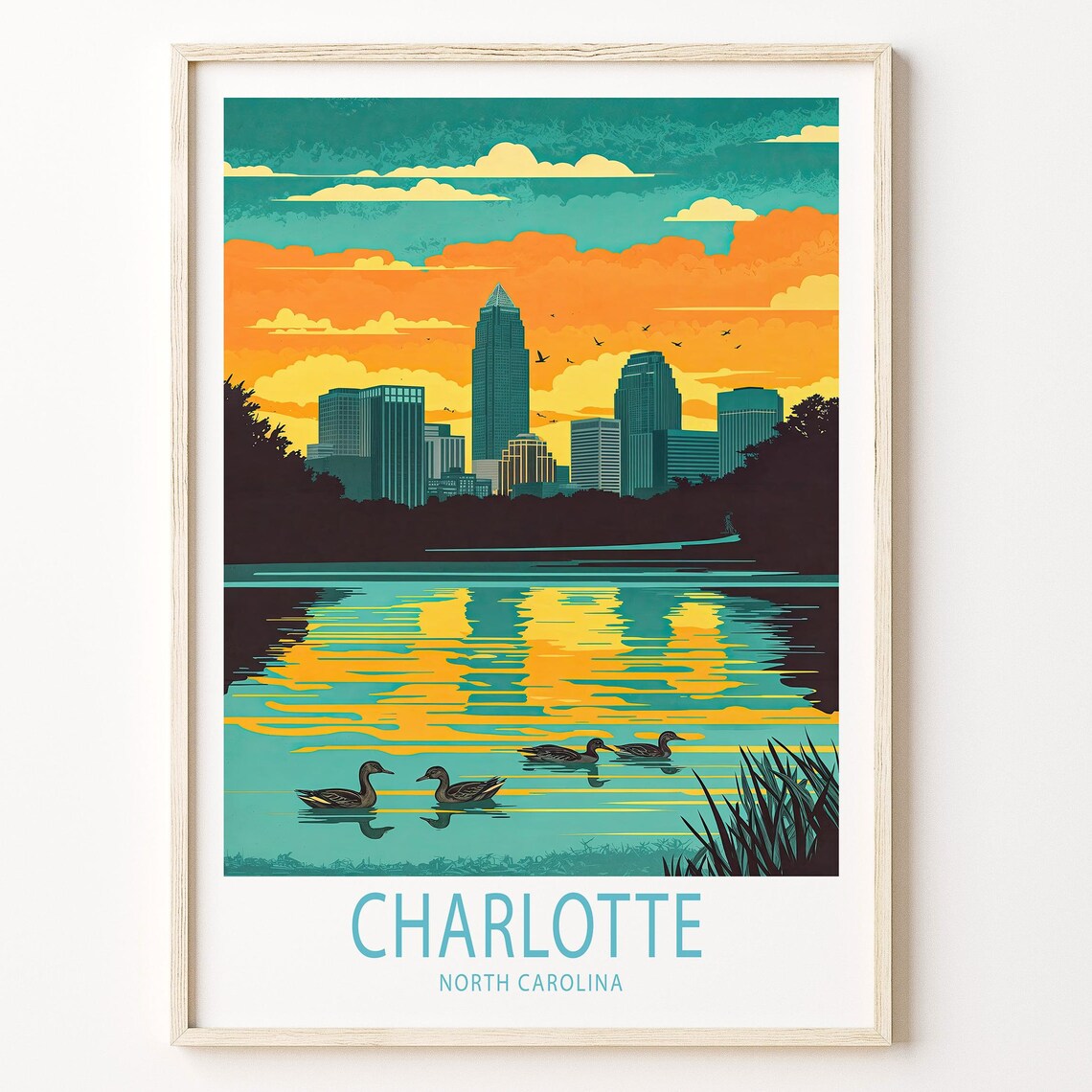 Charlotte North Carolina Skyline Sunset Ducks Lake View Poster