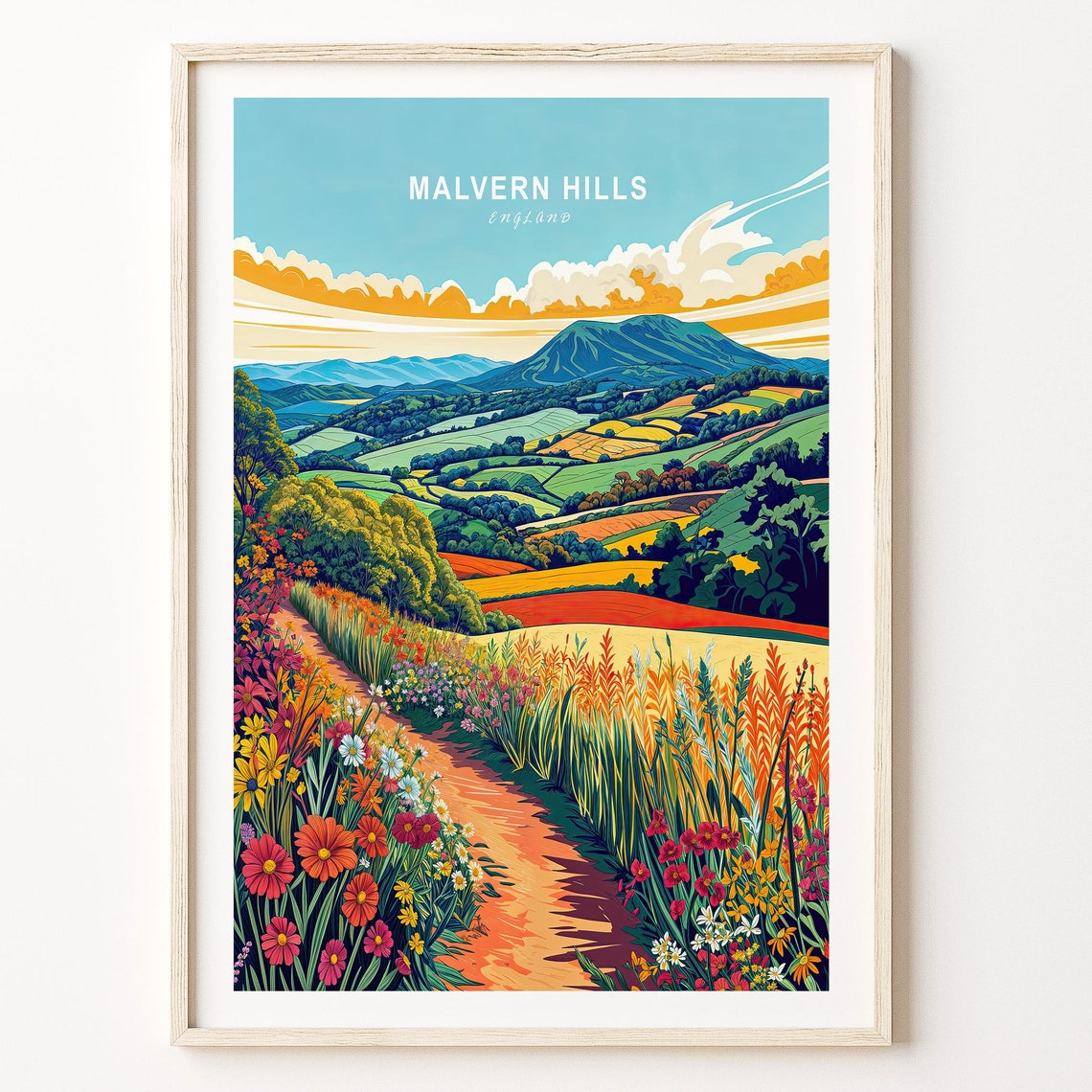Malvern Hills England Travel Poster England Walla Art Print Malvern Hills Travel Print Home Decor Gifts Birthday Gifts
