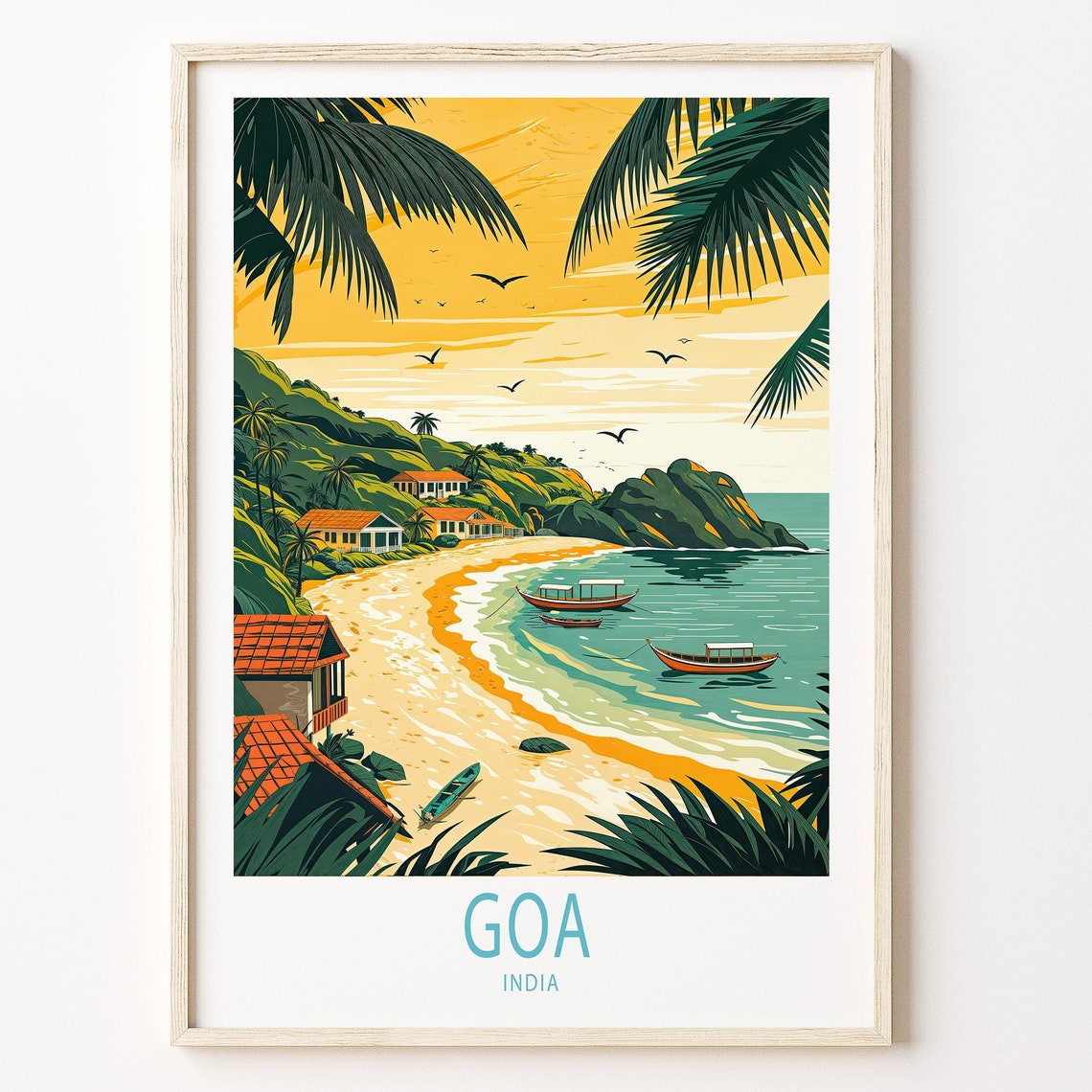 Goa India Tropical Beach With Fishing Boats and Palm Trees Poster