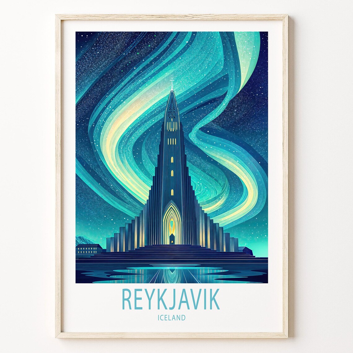 Reykjavik Iceland Travel Poster, Northern Lights