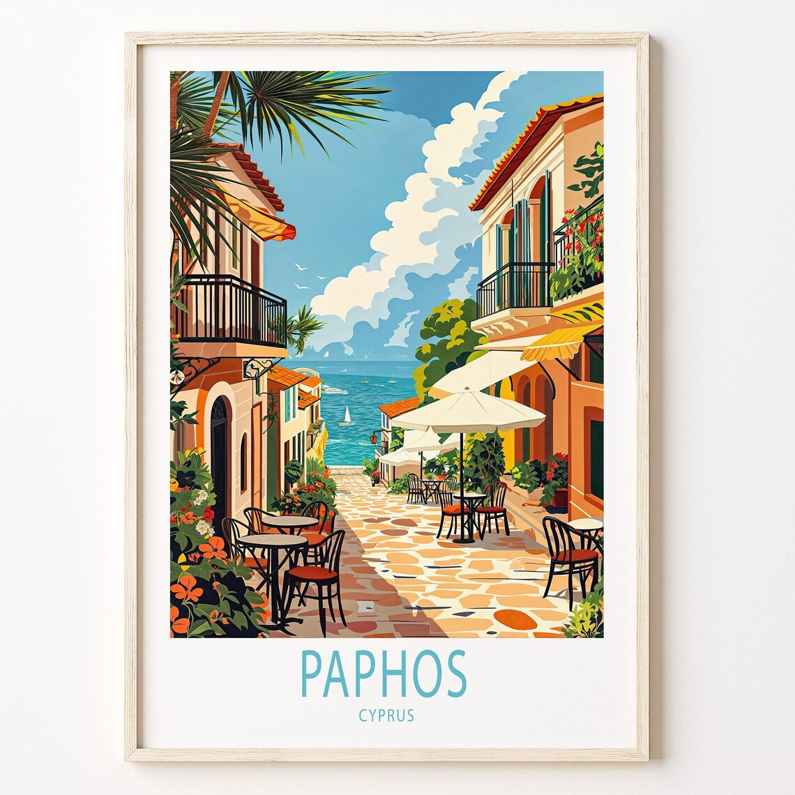 Paphos Cyprus Travel Poster Mediterranean Seaside Cafe Street
