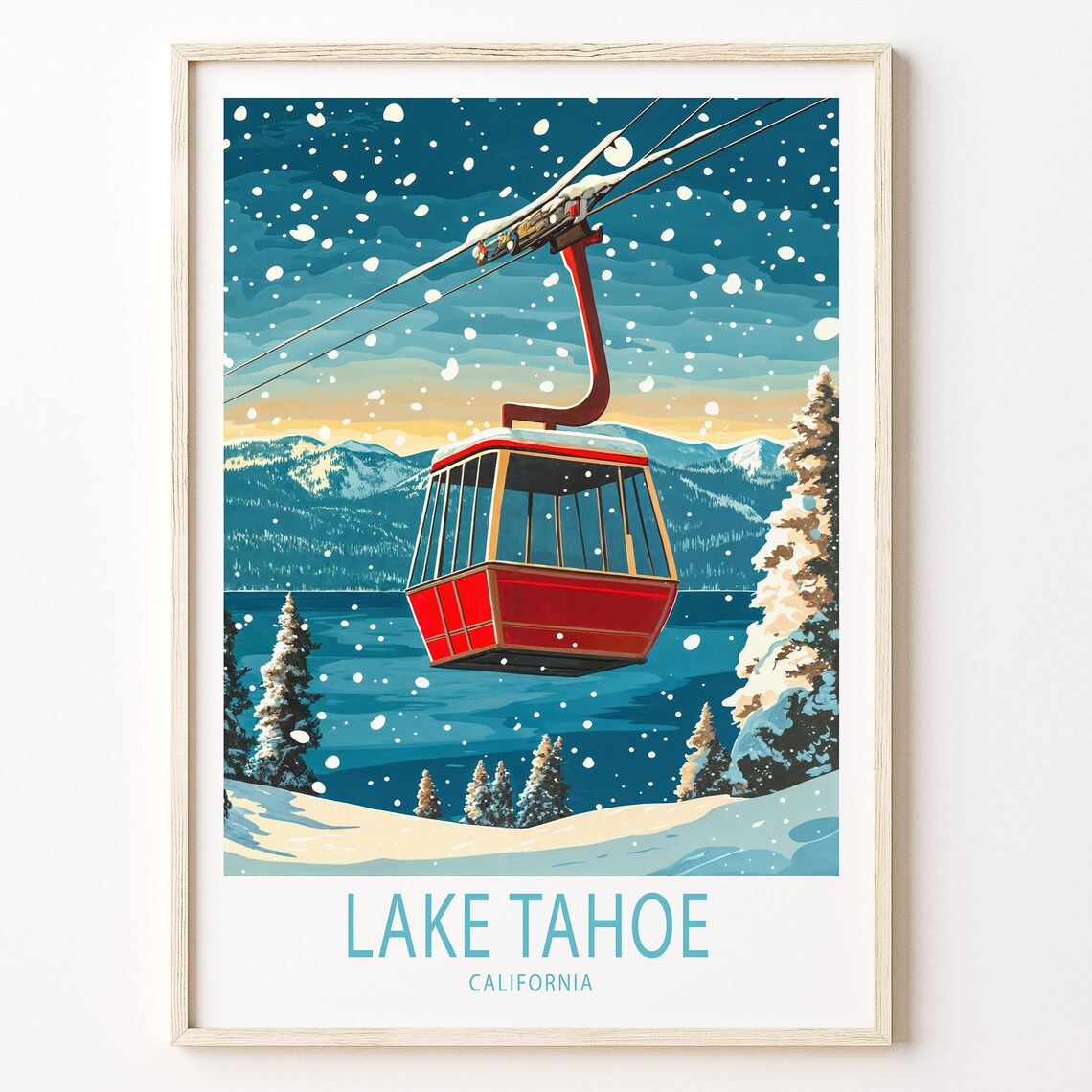 Lake Tahoe California Red Gondola Snowfall Winter Scene Poster