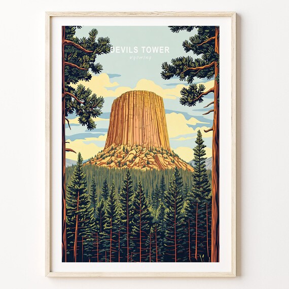 Devils Tower Wyoming Rock Tower Sunset Pine Frame Travel Poster