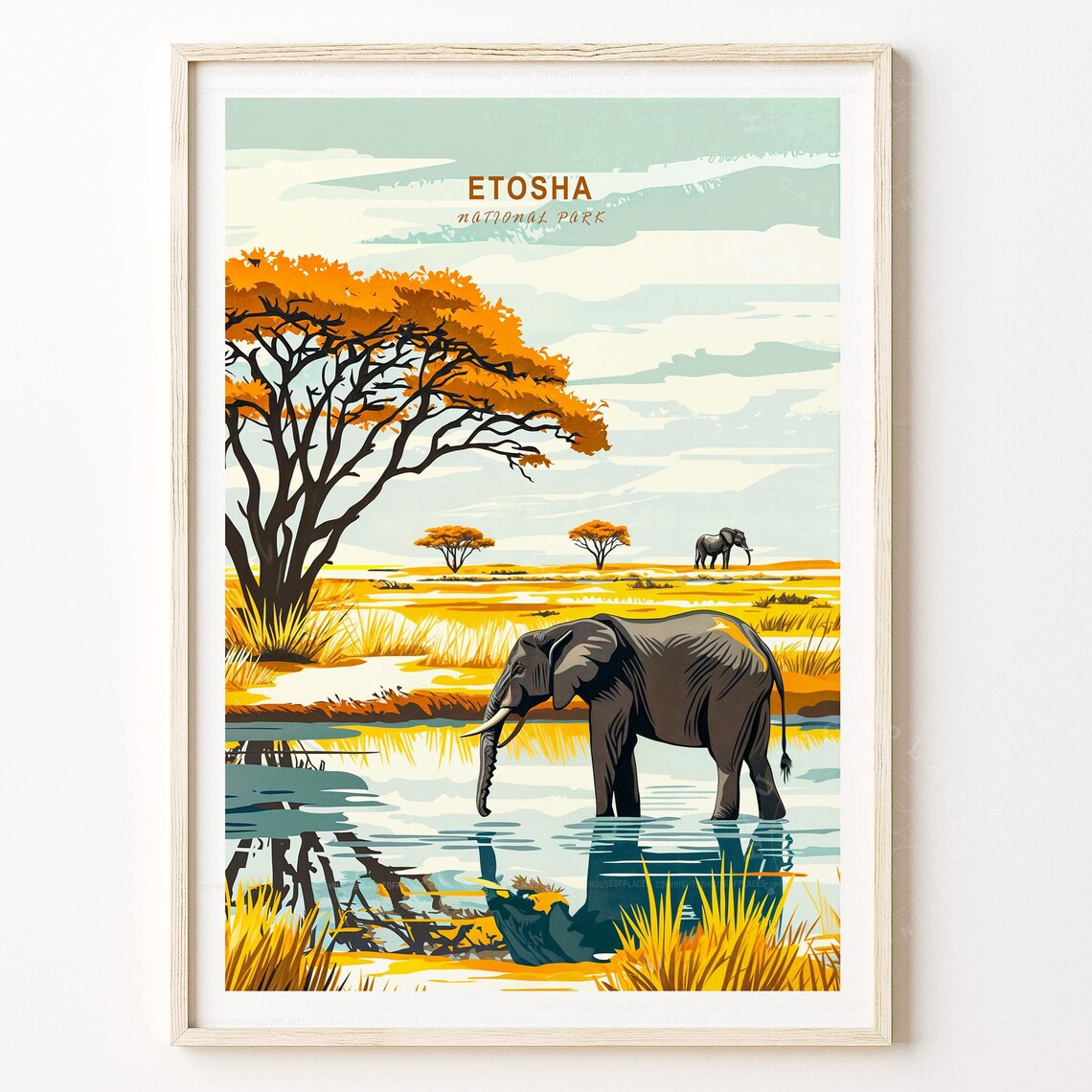 Etosha National Park Elephants Waterhole Acacia Tree Safari Travel Poster