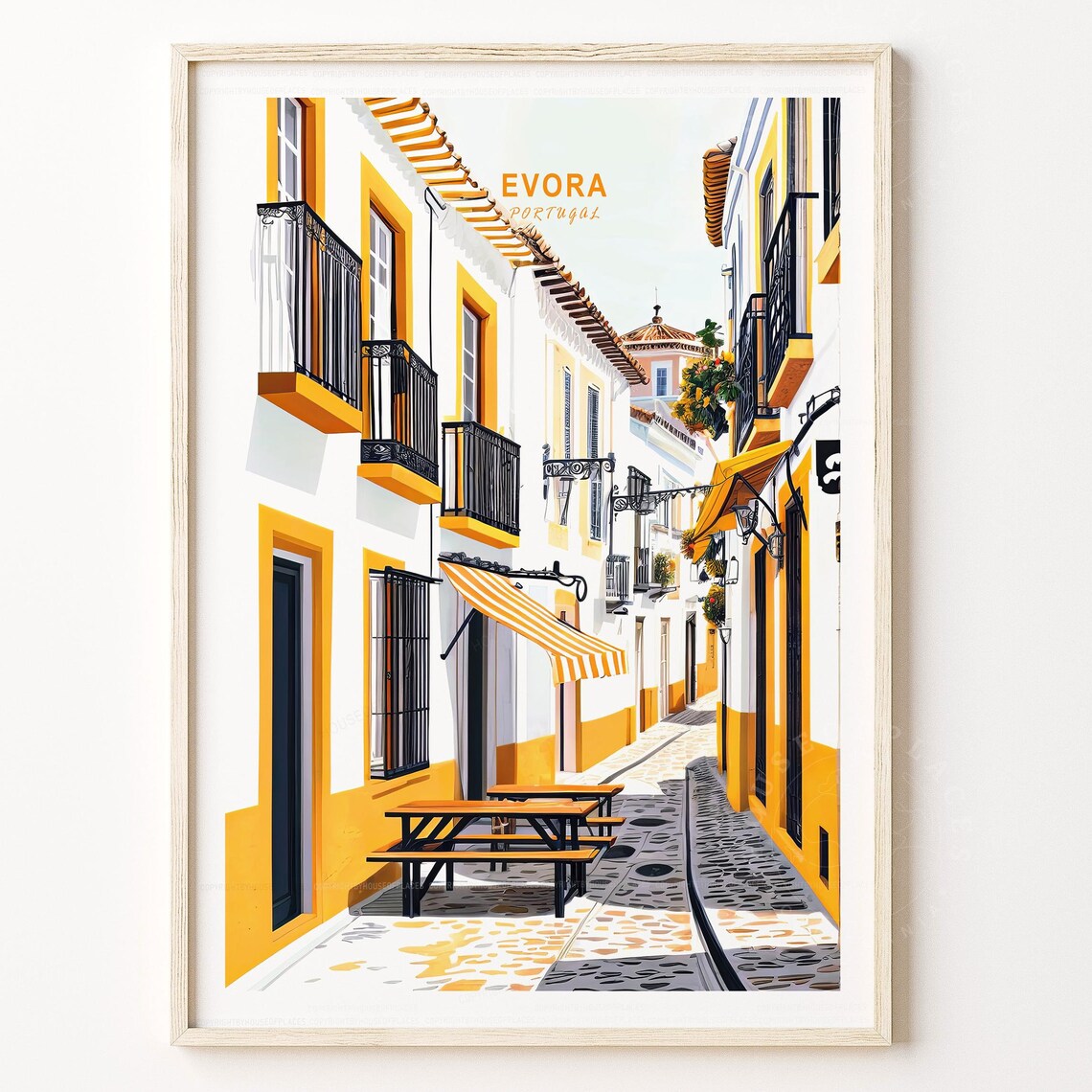Evora Portugal Yellow Street Balconies Sunny Travel Art Poster
