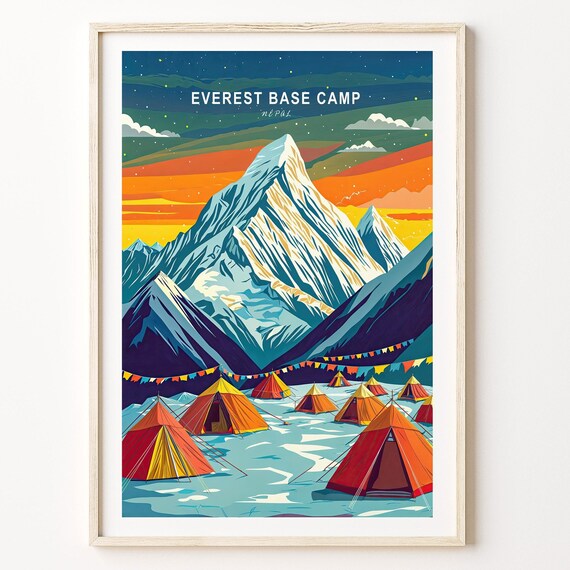 Everest Base Camp Nepal Starry Sky Over Snow Peak and Camp Tents Poster