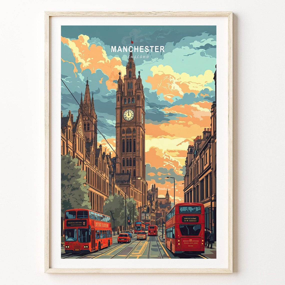 Manchester England Vintage Travel Poster Clock Tower Sunset Art