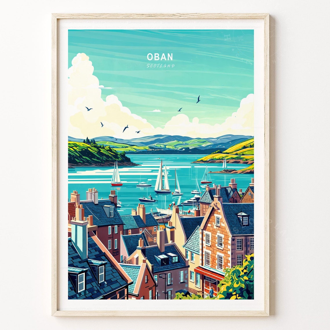 Oban Scotland Sailboat Harbor Teal Sky Vintage Travel Poster