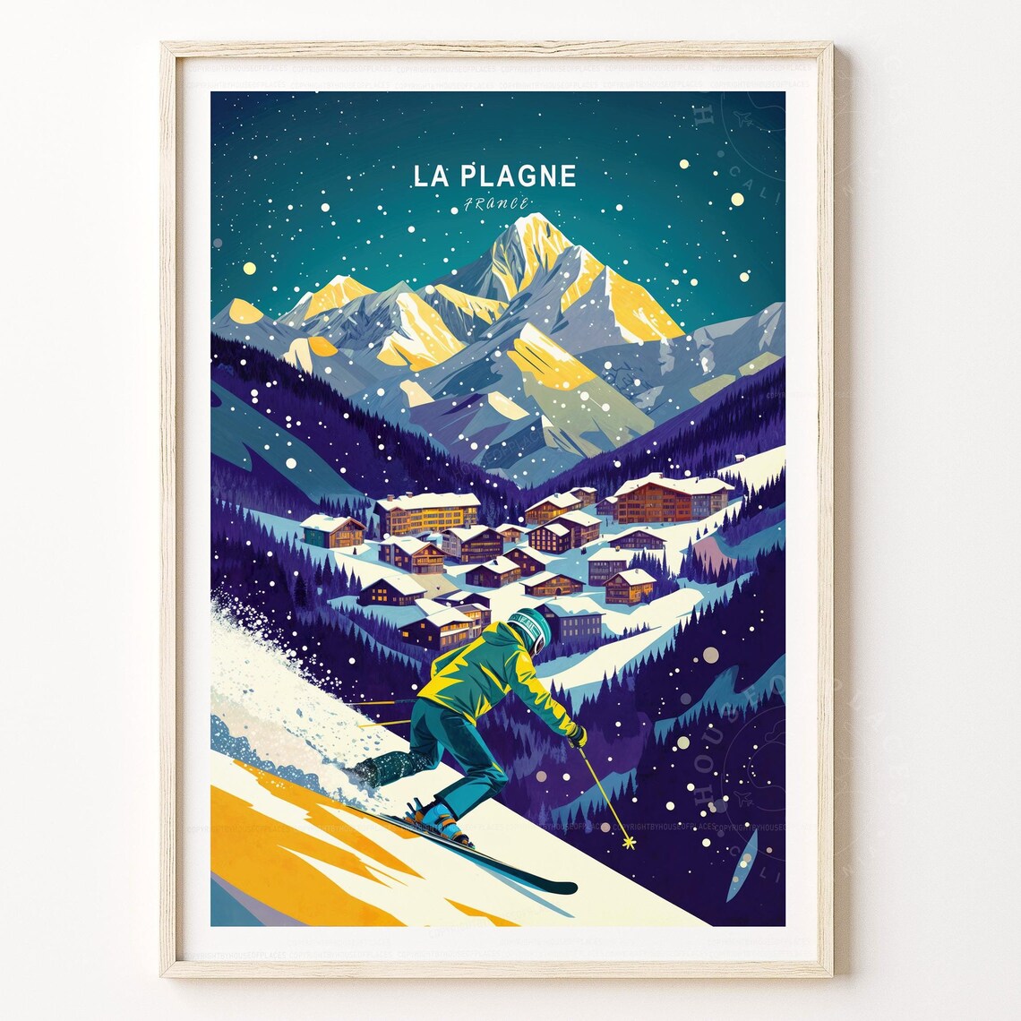La Plagne France Thrilling Night Skier Alpine Village Travel Poster