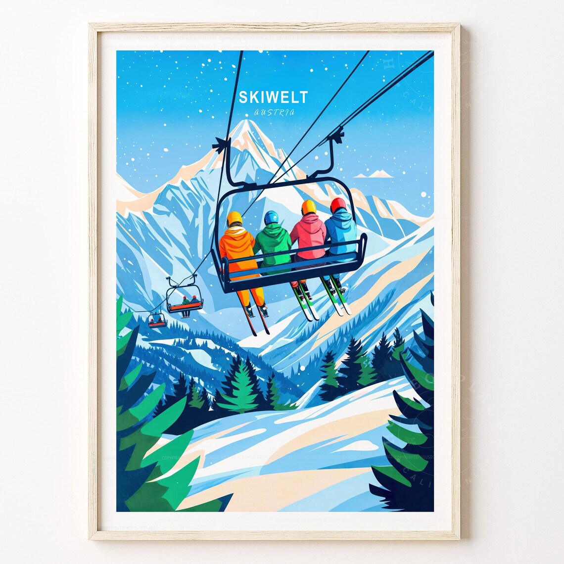 Skiwelt Austria Joyful Chairlift Ride Over Snowy Peaks Travel Poster