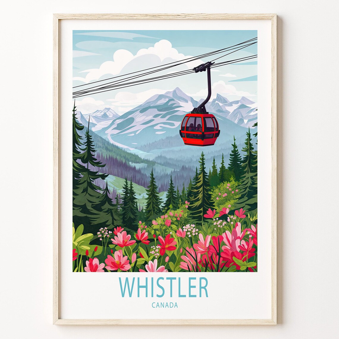 Whistler Canada Red Gondola Alpine Summer Wildflower Art Poster
