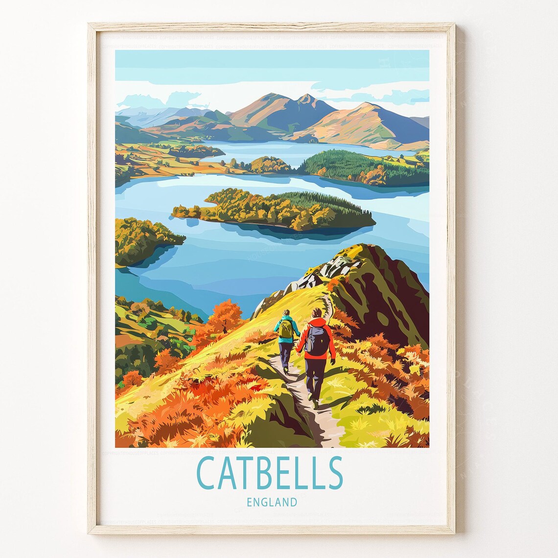 Catbells England Autumn Hikers Above Derwentwater Travel Poster