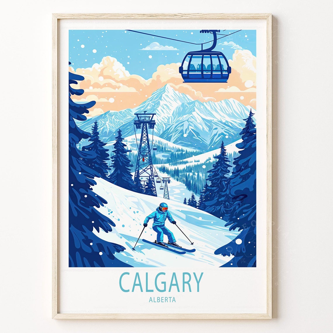 Calgary Alberta Ski Blue Vintage Mountain Winter Scene Travel Poster