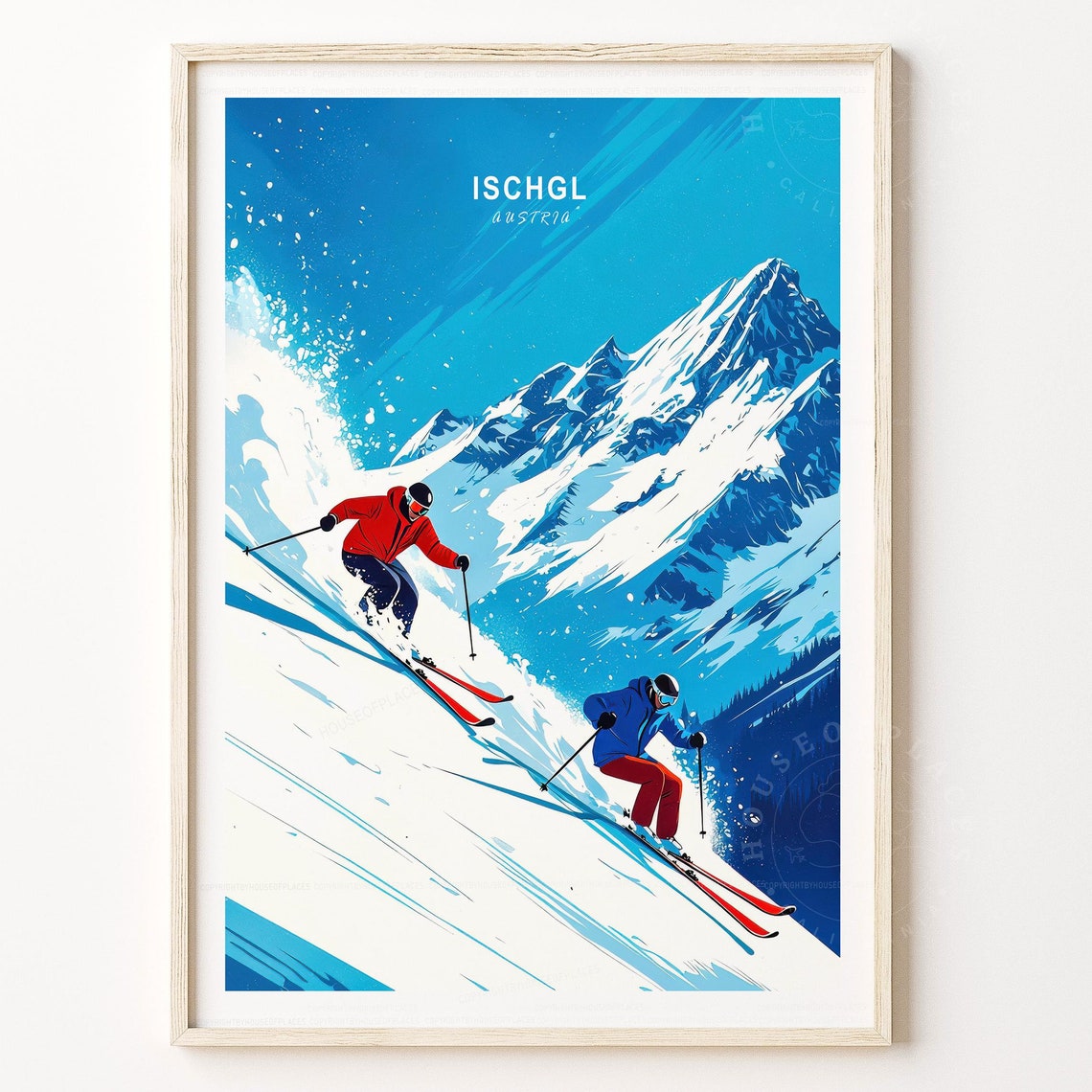 Ischgl Austria Two Skiers Racing Downhill Blue Peaks Ski Poster