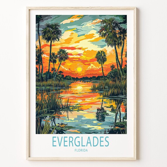 Everglades Florida Sunset Reflecting on Still Wetland Water and Palms Poster