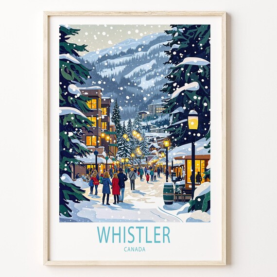 Whistler Canada Snowy Village Winter Night Ski Resort Scene Poster