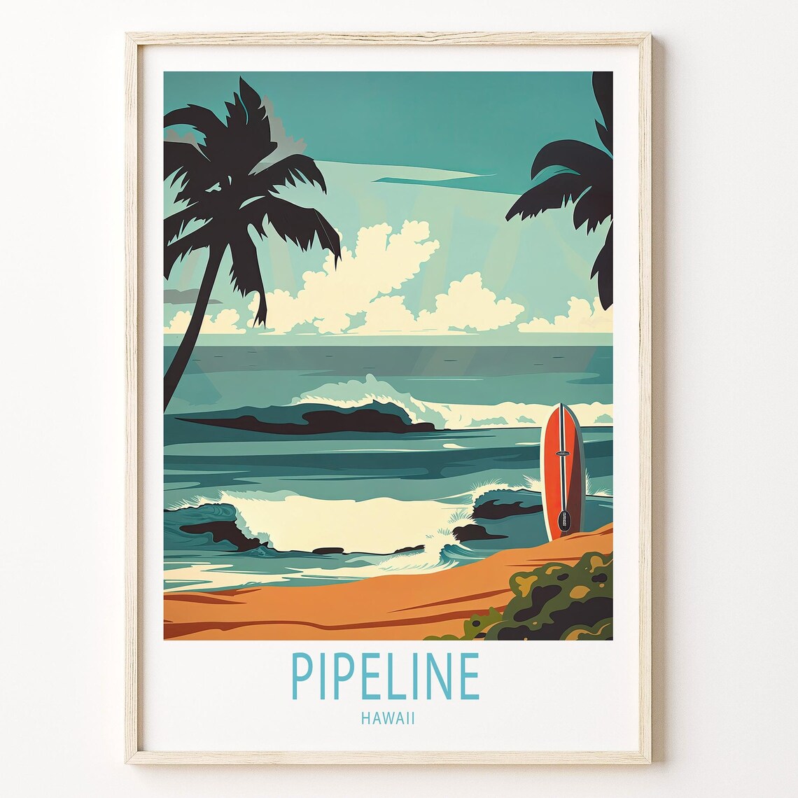 Pipeline Hawaii Retro Surf Beach Red Surfboard Palm Sunset Poster